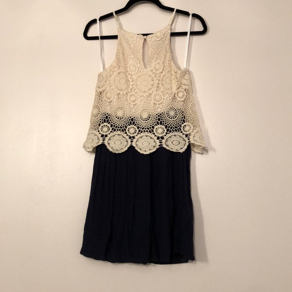 Juniors Navy and Ivory Crochet Overlay Dress - Picture 4 of 6